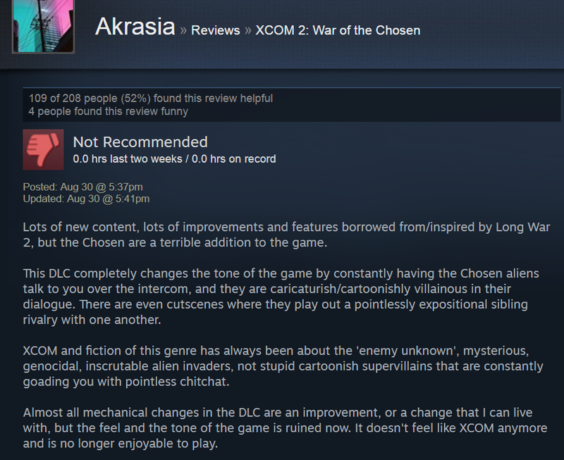 Illustration for article titled XCOM 2: War Of The Chosen, As Told By Steam Reviews